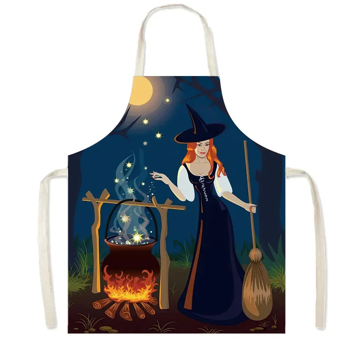 Witch Women Print Kitchen Apron Witchcraft Halloween Cooking Apron for Nail Salons BBQ Chef Waiter Household Cleaning Pinafore