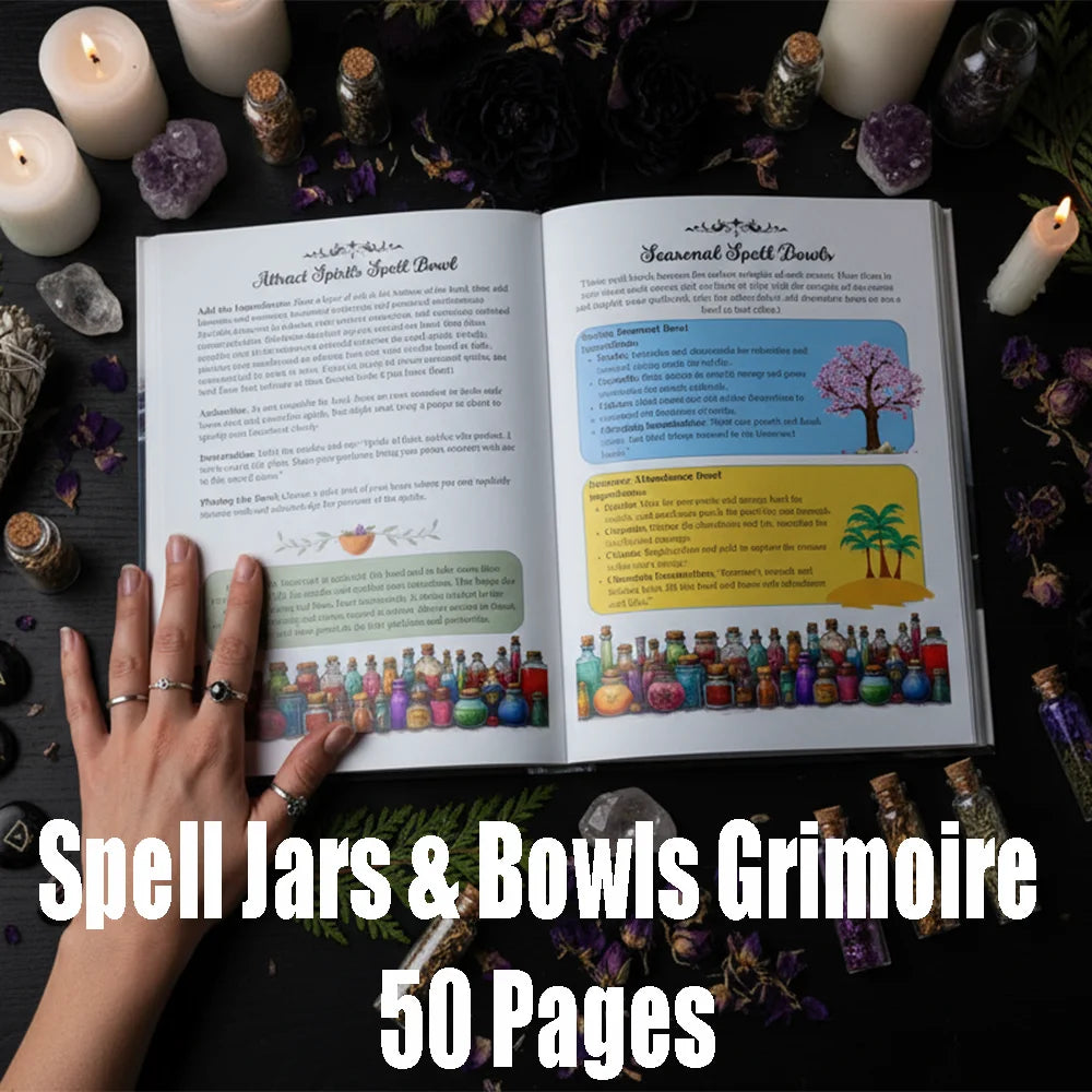 50 Pages Grimoire Witchcraft Spell Book Wicca Magic Guidebook with Spell Jars Ritual Bowls Crystal Witch Spells