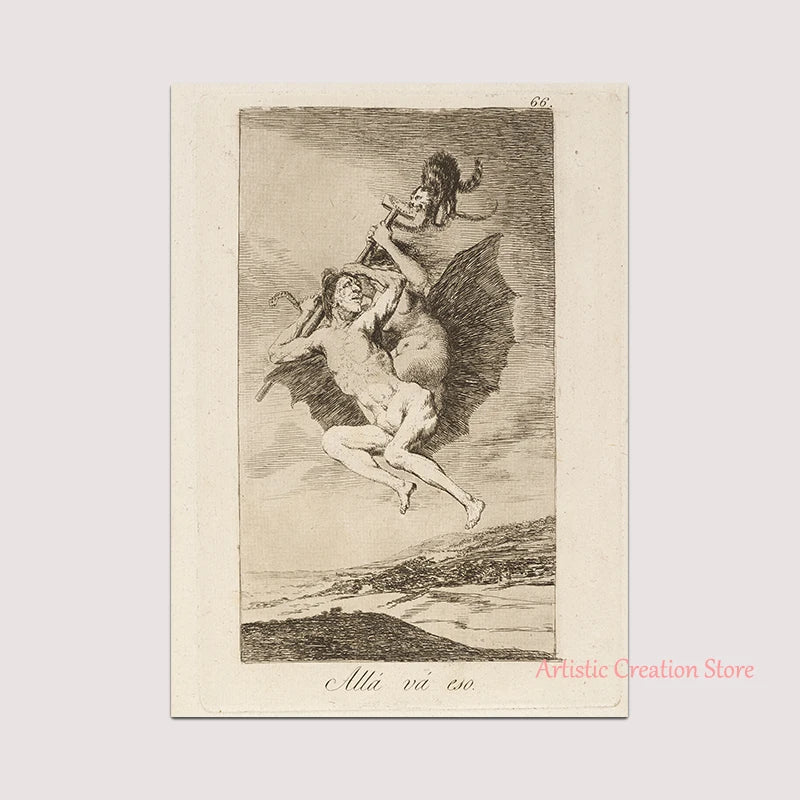 Witchcraft Collection By Francisco De Goya Witch Riding on Broom Dark Art Goth Poster Print Canvas Painting Wall Pictures Decor