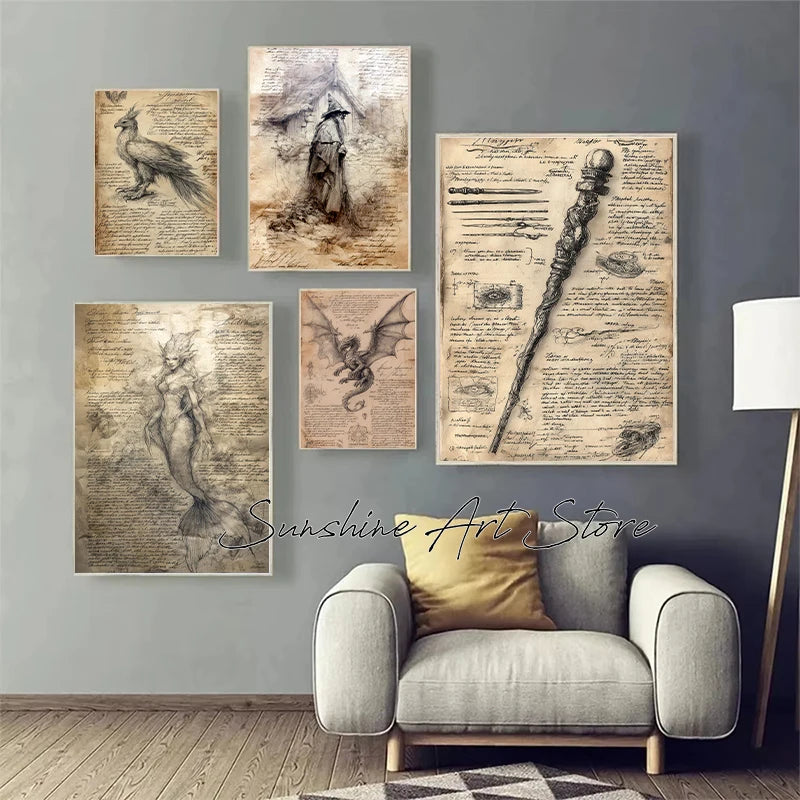 Witch Spell Book Pages Potion Book Vintage Gothic Wizard Witch Cottage Art Magic Poster Canvas Painting Wall Pictures Home Decor