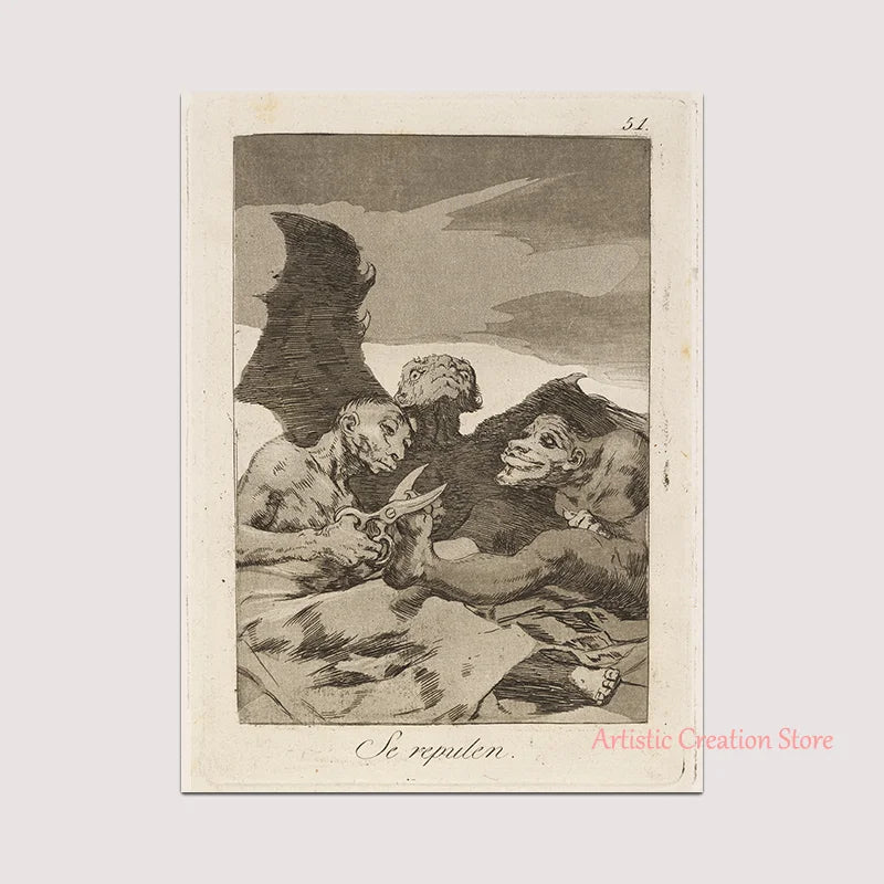 Witchcraft Collection By Francisco De Goya Witch Riding on Broom Dark Art Goth Poster Print Canvas Painting Wall Pictures Decor