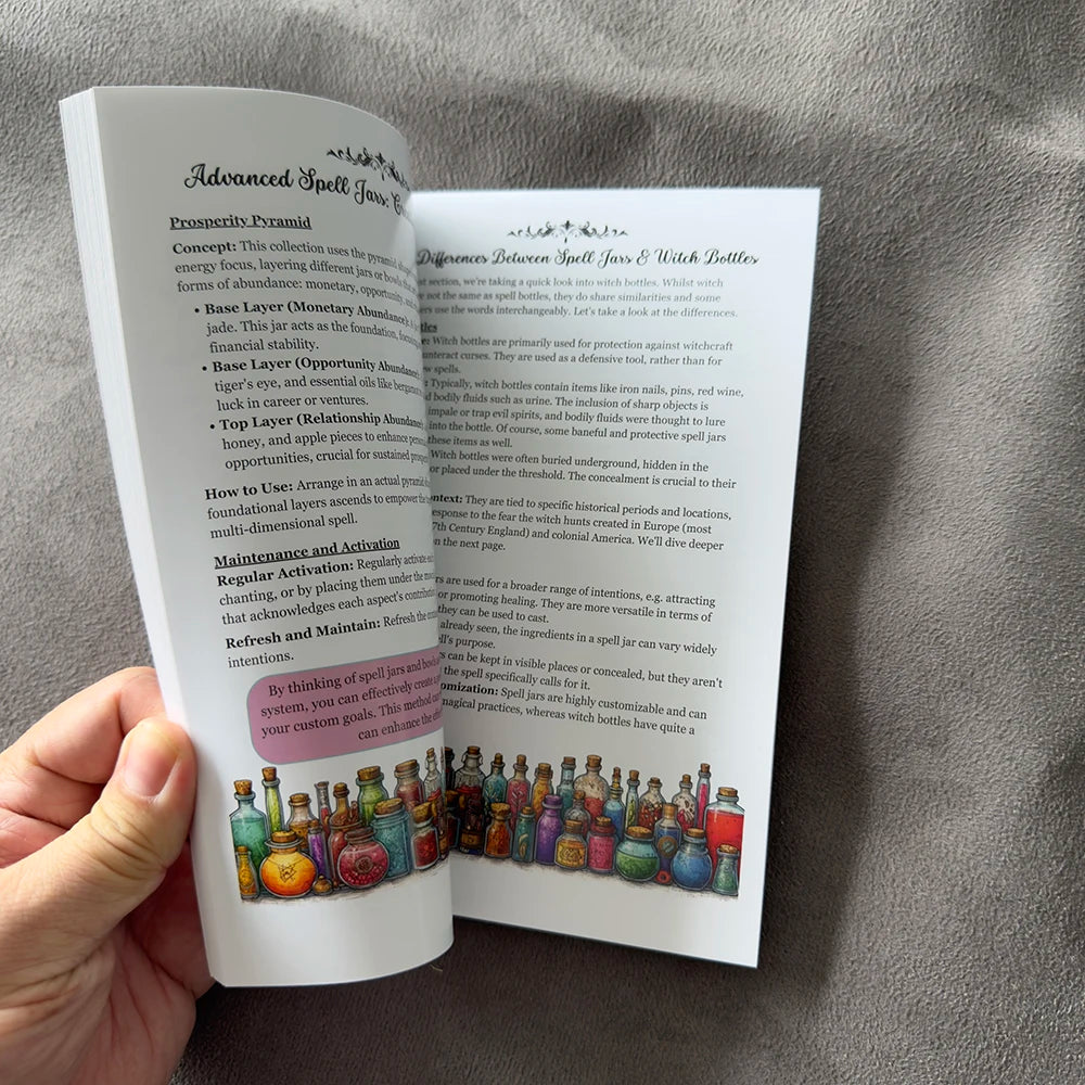 50 Pages Grimoire Witchcraft Spell Book Wicca Magic Guidebook with Spell Jars Ritual Bowls Crystal Witch Spells