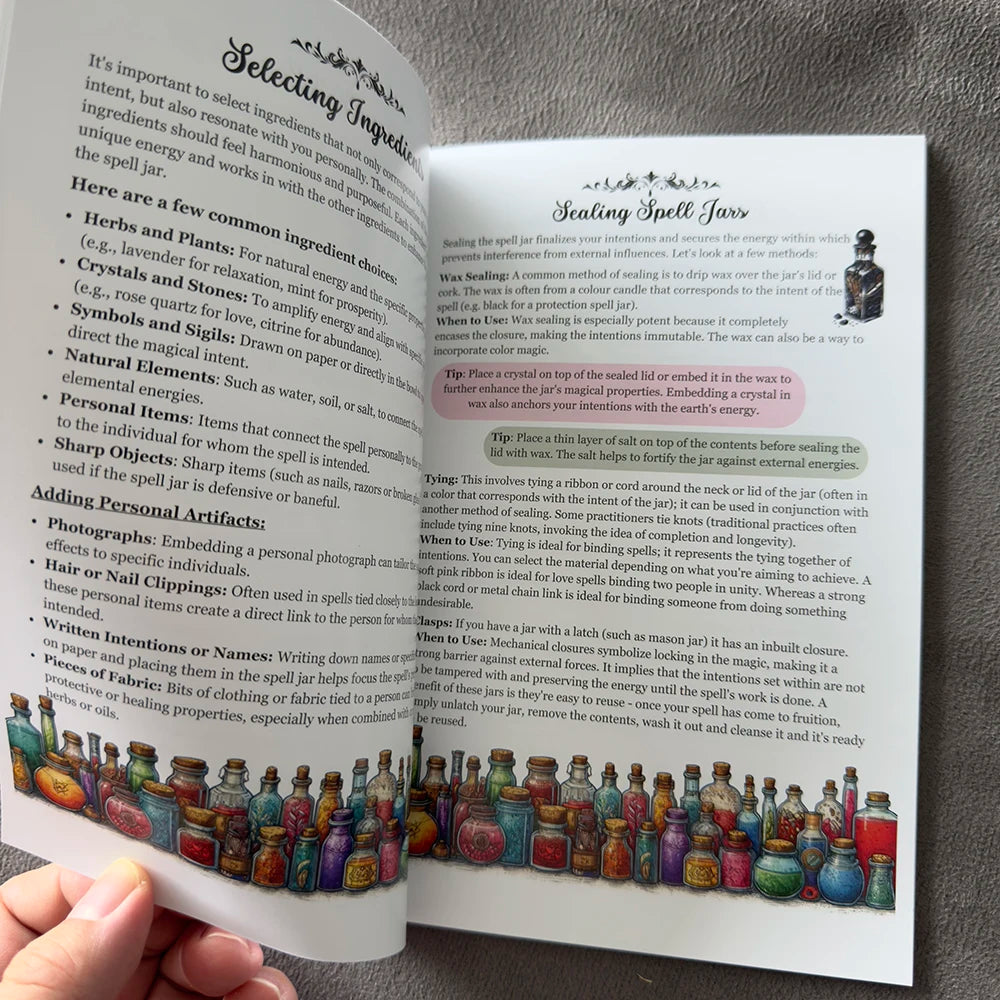 50 Pages Grimoire Witchcraft Spell Book Wicca Magic Guidebook with Spell Jars Ritual Bowls Crystal Witch Spells