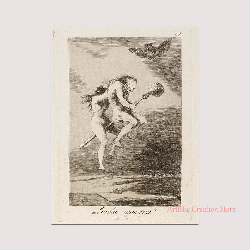 Witchcraft Collection By Francisco De Goya Witch Riding on Broom Dark Art Goth Poster Print Canvas Painting Wall Pictures Decor