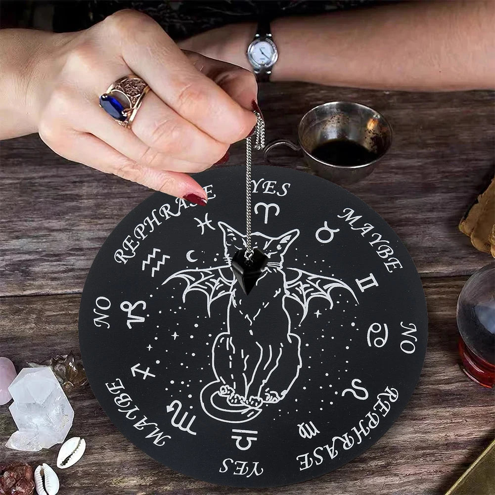 Witch Pendulum Board Wooden Dowsing Planchette Mystical Devil Cat Design Witchcraft Supplies Spiritual Altar Decor Message Board
