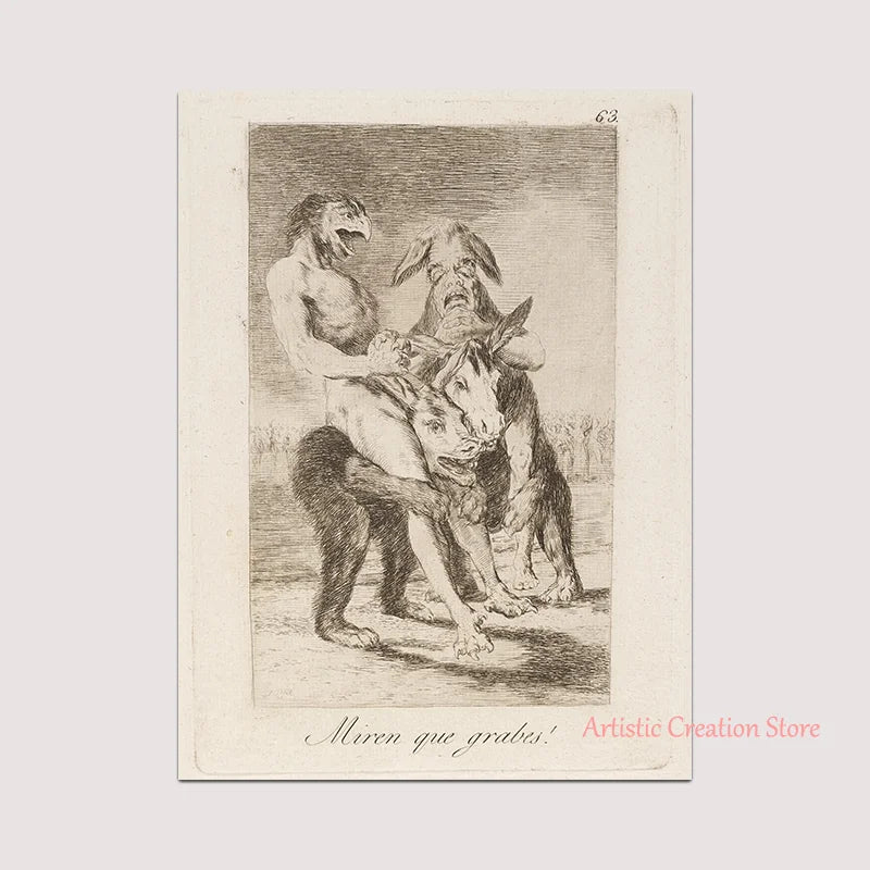Witchcraft Collection By Francisco De Goya Witch Riding on Broom Dark Art Goth Poster Print Canvas Painting Wall Pictures Decor