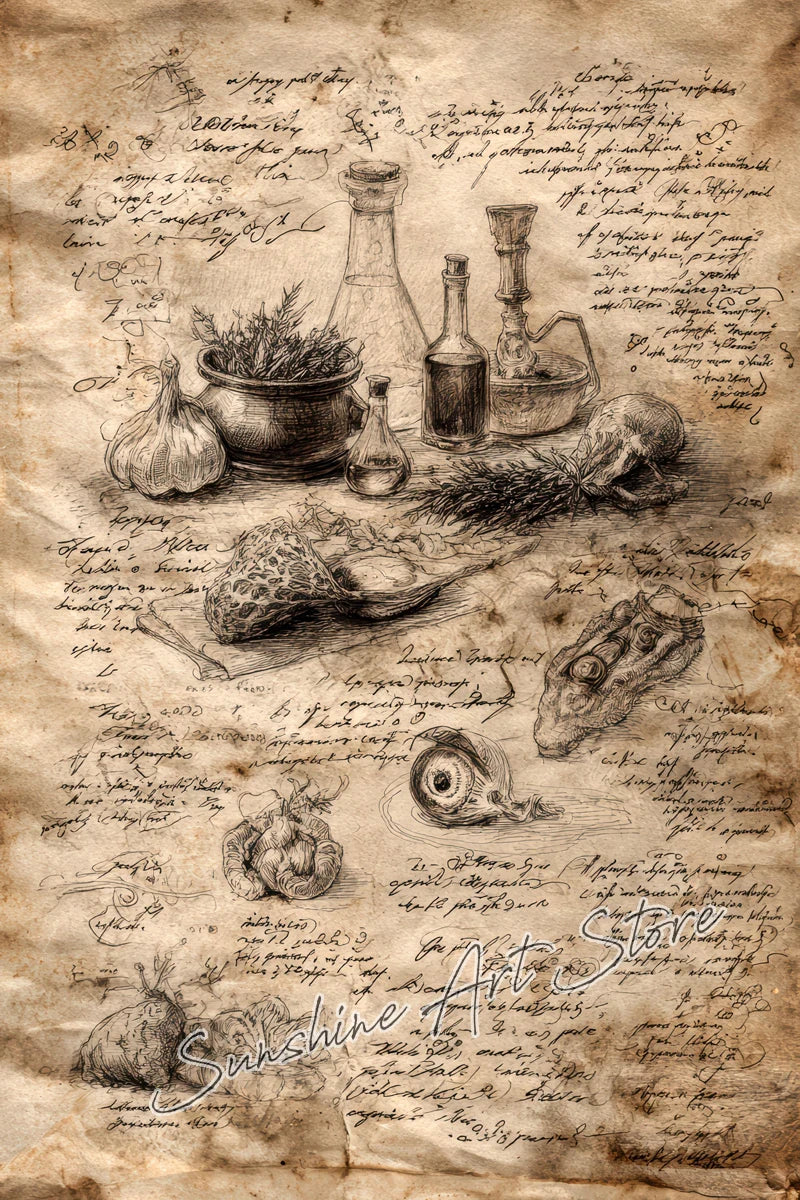 Witch Spell Book Pages Potion Book Vintage Gothic Wizard Witch Cottage Art Magic Poster Canvas Painting Wall Pictures Home Decor