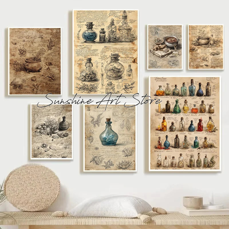 Witch Spell Book Pages Potion Book Vintage Gothic Wizard Witch Cottage Art Magic Poster Canvas Painting Wall Pictures Home Decor