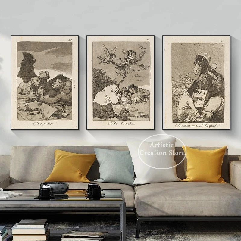 Witchcraft Collection By Francisco De Goya Witch Riding on Broom Dark Art Goth Poster Print Canvas Painting Wall Pictures Decor