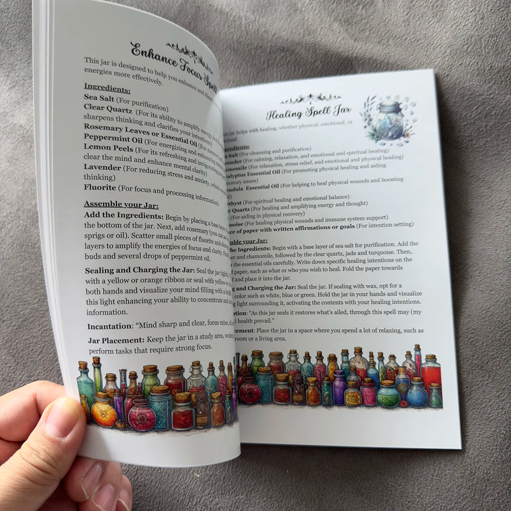 50 Pages Grimoire Witchcraft Spell Book Wicca Magic Guidebook with Spell Jars Ritual Bowls Crystal Witch Spells