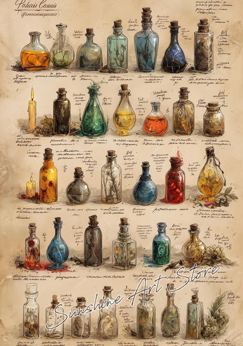 Witch Spell Book Pages Potion Book Vintage Gothic Wizard Witch Cottage Art Magic Poster Canvas Painting Wall Pictures Home Decor