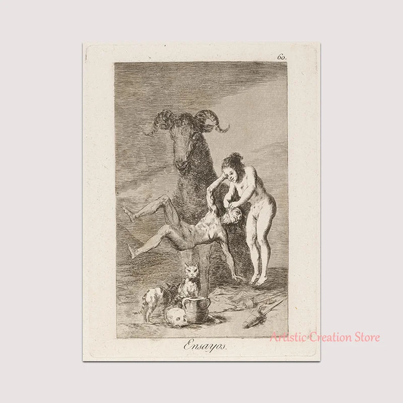 Witchcraft Collection By Francisco De Goya Witch Riding on Broom Dark Art Goth Poster Print Canvas Painting Wall Pictures Decor