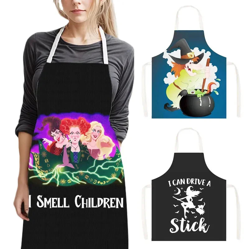 Witch Women Print Kitchen Apron Witchcraft Halloween Cooking Apron for Nail Salons BBQ Chef Waiter Household Cleaning Pinafore
