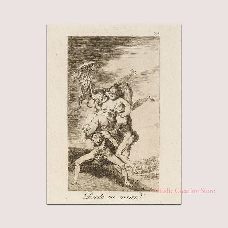 Witchcraft Collection By Francisco De Goya Witch Riding on Broom Dark Art Goth Poster Print Canvas Painting Wall Pictures Decor