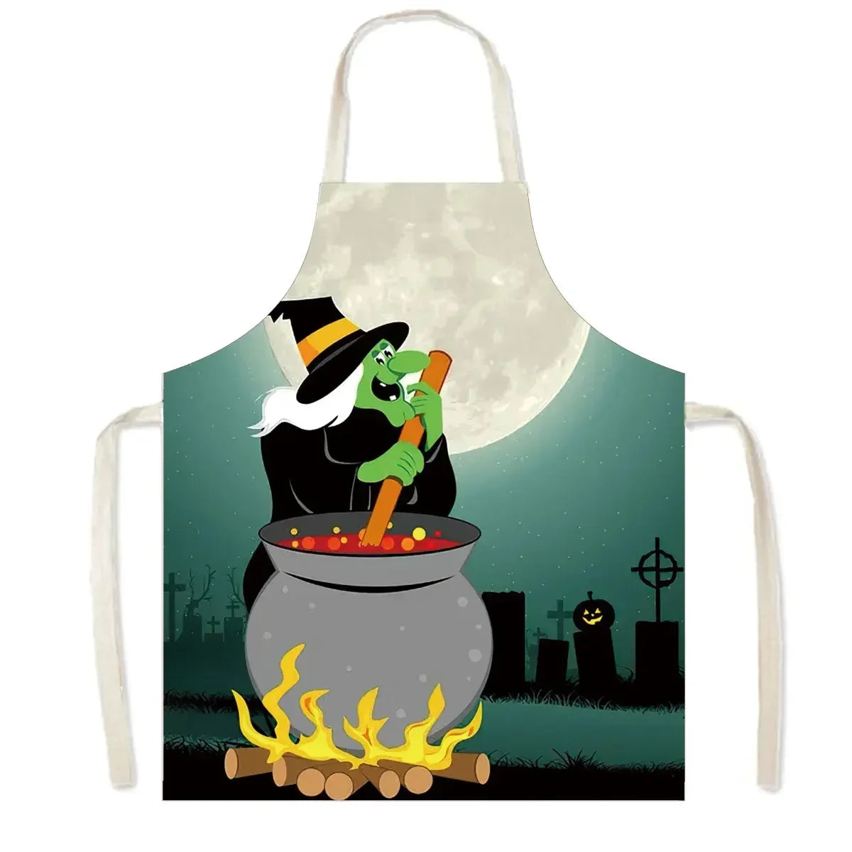 Witch Women Print Kitchen Apron Witchcraft Halloween Cooking Apron for Nail Salons BBQ Chef Waiter Household Cleaning Pinafore